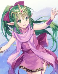  bracelet dress female fire_emblem fire_emblem:_mystery_of_the_emblem green_eyes green_hair jewelry long_hair open_mouth pink_dress pointy_ears ponytail short_dress smile solo tiara tiki_(fire_emblem) tiki_(young)_(fire_emblem) twitter_username yamigo 