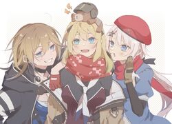  3girls 9a-91_(girls&#039;_frontline) ak-74u_(girls&#039;_frontline) as_val_(girls&#039;_frontline) as_val_(mod3)_(girls&#039;_frontline) bad_id bad_twitter_id beret blonde_hair blue_eyes brown_hair eyes_visible_through_hair girls&#039;_frontline gloves grin hat helmet jacket multiple_girls open_clothes open_jacket rabb_horn scarf smile stuffed_animal stuffed_toy teddy_bear 