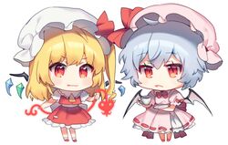  2girls ascot bangs banned_artist bat_wings blonde_hair blue_hair blush bow bowtie chibi commentary_request crystal cup dish dress eyebrows_visible_through_hair fang_out flandre_scarlet full_body hajin hat hat_bow hat_ribbon holding holding_cup laevatein long_hair looking_at_viewer miniskirt mob_cap multiple_girls oerba_yun_fang one_side_up petticoat pink_dress pink_headwear puffy_short_sleeves puffy_sleeves red_bow red_eyes red_footwear red_neckwear red_ribbon red_skirt red_vest remilia_scarlet ribbon shirt shoes short_hair short_sleeves siblings simple_background sisters skirt smile socks standing teacup touhou vest white_background white_headwear white_legwear white_shirt wings yellow_neckwear 