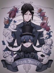  2boys artist_name black_bow black_bowtie black_gloves black_hair black_headwear black_ribbon blackletter blue_eyes blue_hair bone bow bowtie ciel_phantomhive commentary_request copyright_name earrings eyepatch flower food formal fruit gloves hair_between_eyes hands_on_another&#039;s_neck hat highres jewelry kodona kuroshitsuji lapel_pin light_smile lolita_fashion long_sleeves looking_at_viewer male_focus multiple_boys neck_ribbon one_eye_covered parted_lips pocket_square pomegranate pomegranate_flower red_eyes ribbon ribs rose sebastian_michaelis seto_(s_okome0203) short_hair smile stud_earrings top_hat tuxedo upper_body white_flower white_rose wing_collar wingtip_collar 