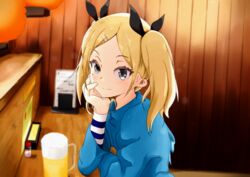  absurdres ap45 bad_id bad_pixiv_id beer_mug blonde_hair blue_sweater closed_mouth commentary_request counter cup female from_side grey_eyes hair_ornament hairclip highres izakaya light_blush light_smile long_sleeves looking_at_viewer medium_hair menu mole mole_under_eye mug partial_commentary restaurant shirobako smile solo sweater twintails upper_body yano_erika 