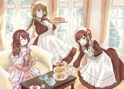  3girls :d :t =_= alstroemeria_(idolmaster) apron aristocratic_clothes armchair black_dress bow braid braided_bun brown_hair cake cake_slice chair charlotte_cake closed_eyes creamer_(vessel) cup cupcake curtains double_bun dress dress_bow eating feet_out_of_frame food fork frilled_apron frilled_dress frills fruit_sandwich fruit_tart gown hair_between_eyes hair_bun heart highres holding holding_fork holding_tray idolmaster idolmaster_shiny_colors juliet_sleeves kiri_meee kuwayama_chiyuki lace-trimmed_apron lace_trim leaning_forward long_braid long_hair long_sleeves maid maid_headdress multiple_girls off-shoulder_dress off_shoulder osaki_amana osaki_tenka pie pink_dress puffy_sleeves ringlets scone single_hair_bun sitting smile standing strawberry_shortcake strawberry_tart table tart_(food) tea teacup teapot tiered_tray tray twin_braids wavy_mouth window wooden_table yellow_eyes 