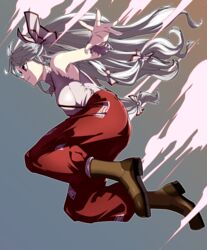  air_current boots bow brown_footwear commentary female fujiwara_no_mokou gradient_background grey_hair hair_ribbon hairbow highres kikoka_(mizuumi) long_hair outline pants red_eyes red_pants ribbon sleeveless solo suspenders torn_clothes torn_sleeves touhou tress_ribbon very_long_hair white_outline 