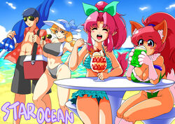  1boy :d absurdres animal_ears animal_hands beach beach_umbrella blush breasts cat_ears cat_tail cleavage closed_mouth commentary_request earrings highres ilia_silvestri jewelry large_breasts long_hair looking_at_viewer millie_chliette multiple_girls navel open_mouth partial_commentary perisie_(star_ocean) pink_hair ponytail red_eyes ronyx_j._kenny ryoi smile star_ocean star_ocean_anamnesis star_ocean_first_departure sunglasses swimsuit tail umbrella 