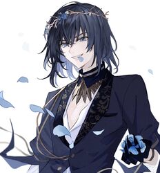  1boy black_gloves black_hair black_jacket blue_flower blue_rose bracelet fate/grand_order fate_(series) flower gloves highres holding jacket jewelry looking_at_viewer male_focus medium_hair no_wings oberon_(fate) oberon_(overnight_dream)_(fate) official_alternate_costume petals ringo_2000 rose shirt simple_background smile solo spoilers teeth white_background white_shirt wreath 