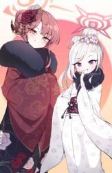  2girls absurdres aru_(blue_archive) aru_(new_year)_(blue_archive) blue_archive blush floral_print flower fur_collar hair_bun hair_flower hair_ornament hair_up halo highres horns japanese_clothes kimono looking_at_viewer multiple_girls mutsuki_(blue_archive) mutsuki_(new_year)_(blue_archive) obi official_alternate_costume orange_eyes pink_flower pink_hair purple_eyes red_flower red_kimono sash simple_background single_hair_bun white_hair white_kimono wide_sleeves yukki_bunny 