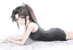  ass black_dress black_hair breasts closed_mouth dress female from_side han&#039;you_no_yashahime high_ponytail highres inuyasha long_hair looking_at_viewer looking_to_the_side lying medium_breasts multicolored_hair ohisashiburi on_stomach own_hands_together parted_bangs purple_eyes red_hair setsuna_(inuyasha) short_dress sidelocks simple_background sleeveless sleeveless_dress solo streaked_hair two-tone_hair v-shaped_eyebrows white_background 