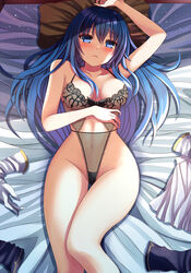  bare_arms bare_legs blue_eyes blue_hair blush breasts caeda_(fire_emblem) female fire_emblem frown gloves highres lingerie long_hair looking_at_viewer lying medium_breasts on_back on_bed pillow solo underwear unworn_clothes yozu_(yozu0420) 