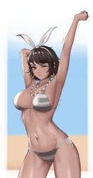  arc2urus arm_behind_head armpits arms_up bad_id bad_pixiv_id bikini blue_background breasts brown_background brown_eyes brown_hair cleavage closed_mouth dark-skinned_female dark_skin earrings female grey_bikini headband highres jewelry josie_rizal navel necklace short_hair string_bikini swimsuit tekken tekken_7 two-tone_background upper_body 