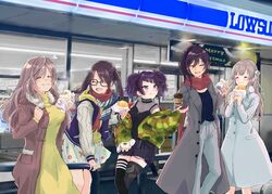  5girls asymmetrical_legwear baozi black_hair black_shorts brand_name_imitation brown_coat brown_hair camouflage camouflage_jacket coat diagonal_bangs eating food glasses grey_hair highres idolmaster idolmaster_shiny_colors jacket kiri_meee l&#039;antica_(idolmaster) lawson miniskirt mismatched_legwear mitsumine_yuika multiple_girls purple_hair scarf shirase_sakuya shorts skirt tanaka_mamimi thighhighs tsukioka_kogane twintails white_coat yukoku_kiriko 