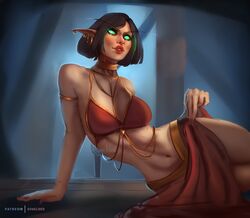  black_hair blood_elf_(warcraft) breasts dress earrings elf female glowing glowing_eyes green_eyes highres jewelry neck_ring non-web_source patreon_username pointy_ears self-upload short_hair warcraft world_of_warcraft 