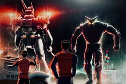  2boys av-98_ingram black_hair black_ox car crossover from_behind gloves glowing gotou_kiichi kakesoba kidou_keisatsu_patlabor mecha motor_vehicle multiple_boys night police police_car police_uniform robot shinohara_asuma tetsujin_28-gou tetsujin_28-gou_(1st_series) uniform white_gloves 