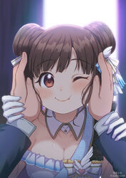  arm_grab arms_up backlighting beyond_the_bluesky_(idolmaster) blue_sleeves blunt_bangs blush bow breasts brown_hair cheek_squash cleavage collar commentary_request curtains detached_collar double_bun dress female frilled_dress frills gloves hair_bun hair_ribbon hairbow hand_on_another&#039;s_arm hands_on_another&#039;s_cheeks hands_on_another&#039;s_face hands_up happy highres holding_another&#039;s_arm idolmaster idolmaster_shiny_colors looking_at_viewer one_eye_closed out_of_frame pov pov_hands red_eyes ribbon short_hair short_twintails simple_background smile solo_focus sonoda_chiyoko soramame_tomu striped striped_bow sweat sweatdrop twintails watermark white_bow white_collar white_dress white_gloves wing_ornament wings 