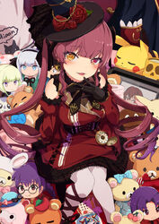  absurdres blush bow breasts character_doll character_request check_character check_copyright cleavage copyright_request corset detached_sleeves dress drill_hair earrings female flower gloves hamtaro_(series) hand_on_own_chin hat hat_chain hat_flower heart heart_earrings heterochromia highres houshou_marine jewelry katsuragi_misato konpaku_youmu korilakkuma koushi_(hamtaro) leg_ribbon lio_fotia long_hair looking_at_viewer neon_genesis_evangelion open_mouth pantyhose pikachu pocket_watch pokemon promare red_eyes red_hair remini_(scenceremini) ri_kouran ribbon rilakkuma rose sakura_taisen san-x sitting sleeveless sleeveless_dress solo stuffed_alpaca stuffed_animal stuffed_pig stuffed_toy tablet_pc teddy_bear touhou very_long_hair virtual_youtuber watch yellow_eyes 