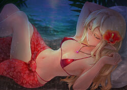  :o bikini blonde_hair collarbone elf female flower from_above hair_between_eyes hair_flower hair_ornament highres jewelry long_hair looking_at_viewer micro_bikini necklace night original palm_tree pointy_ears red_eyes restrained sarong sasagawa_(haikaiki) solo swimsuit tree water 