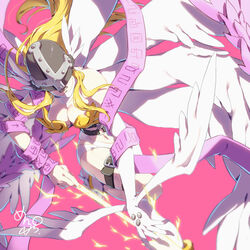  angel_wings angewomon asymmetrical_clothes asymmetrical_legwear bare_shoulders belt blonde_hair boots breasts cleavage clothing_cutout commentary_request covered_eyes digimoji digimon digimon_(creature) elbow_gloves electricity feathered_wings female flying full_body gloves hagoromo head_wings helmet highres holy_ring large_breasts long_hair lower_teeth_only maplo multiple_wings navel navel_cutout open_mouth pink_background ribbon shawl sidelocks signature simple_background single_elbow_glove solo teeth thigh_strap uneven_legwear white_footwear wings wrist_wings 