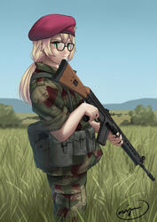  absurdres africa ammunition_pouch battle_rifle beret black-framed_eyewear blonde_hair blue_sky buckle bush camouflage camouflage_jacket camouflage_pants canteen cetme_model_58 closed_mouth commentary cowboy_shot day english_commentary female frown grass green_eyes green_jacket green_pants gun hat hat_ornament highres hill holding holding_gun holding_weapon jacket load_bearing_equipment long_hair looking_at_viewer looking_to_the_side low_ponytail mardjan military military_hat military_uniform mountainous_horizon multicolored_clothes multicolored_jacket multicolored_pants nature original outdoors pants pocket pouch red_hat rifle short_sleeves signature sky sleeves_rolled_up soldier solo tall_grass tree uniform weapon 