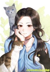  :3 black_choker blue_shirt brown_eyes brown_hair choker collarbone commentary commission english_commentary feline female highres long_hair long_sleeves looking_at_viewer original parted_bangs shirt smile solo ubi_(ekdus6080) 