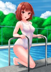  :d bare_arms bare_legs bare_shoulders barefoot blue_sky blush breasts brown_eyes brown_hair chain-link_fence cloud collarbone commentary_request covered_nipples day female fence hair_ornament hairclip highres kaze_makase looking_at_viewer medium_breasts mole mole_under_eye old_school_swimsuit one-piece_swimsuit original outdoors partial_commentary pool poolside school_swimsuit sky smile solo swimsuit water wet wet_hair x_hair_ornament 