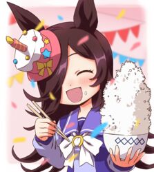  :d ^_^ animal_ears birthday blurry blurry_background blush bow bowl bowtie brown_hair cake_hat chopsticks closed_eyes confetti facing_viewer female food food_on_face hair_over_one_eye highres holding holding_bowl holding_chopsticks horse_ears inoue_kouji long_hair long_sleeves open_mouth purple_shirt rice rice_bowl rice_on_face rice_shower_(umamusume) sailor_collar school_uniform shirt smile solo string_of_flags tracen_school_uniform umamusume white_bow white_bowtie 