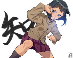  bad_id bad_pixiv_id black_hair black_socks blue_eyes brown_jacket chi-hatan_(emblem) chi-hatan_school_uniform clenched_teeth commentary_request emblem female fighting_stance girls_und_panzer girls_und_panzer_gekijouban high_collar jacket kneehighs long_sleeves nishihara_yasoko pairan pleated_skirt school_uniform skirt socks teeth 