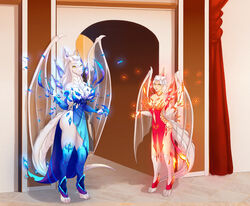  animal_humanoid anthro big_breasts breasts clothed clothing dragon dragon_humanoid dress duo female hair hi_res horn humanoid lady_nora_(twokinds) membrane_(anatomy) membranous_wings mythological_creature mythological_scalie mythology narikusha navel scales scalie size_difference skimpy smile standing tail twokinds white_body white_hair white_scales wings yellow_eyes 