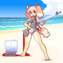  1:1 2022 accessory anthro beach bikini blue_eyes bow_(feature) bow_accessory bow_ribbon canid canine canis clothing domestic_dog eyebrow_through_hair eyebrows eyelashes feet female female_anthro flat_chested fur hair hair_accessory hair_ribbon hairbow hi_res humanoid_feet itou_sora kemono kin-shun kinshun76501 looking_at_viewer mammal open_mouth open_smile outside pattern_bikini pattern_clothing pattern_swimwear plantigrade ribbons seaside smile solo standing striped_bikini striped_clothing striped_swimwear stripes swimwear toy toy_gun translucent translucent_hair water_gun yellow_body yellow_fur 