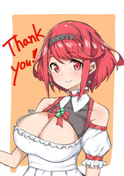  absurdres alternate_costume aotsuba bob_cut breasts chest_jewel cleavage commission earrings female headpiece highres jewelry large_breasts pixiv_commission pyra_(xenoblade) red_eyes red_hair short_hair solo swept_bangs tiara xenoblade_chronicles_(series) xenoblade_chronicles_2 