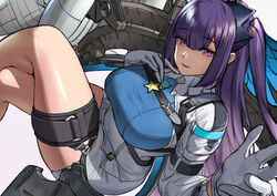  absurdres ash_arms b-24_liberator_(ash_arms) breasts commentary_request crossed_legs female gloves hair_between_eyes hair_ornament highres hsh_thx large_breasts long_hair looking_at_viewer parted_lips photoshop_(medium) purple_eyes purple_hair rigging shirt sidelocks skirt solo star_(symbol) thigh_strap thighs white_gloves white_shirt white_skirt 