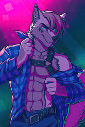  abs abstract_background ango76 belt blue_eyes bottomwear button_(fastener) canid canine canis clothing colored dress_shirt fangs fingers ftm_crossgender fur grey_body grey_fur hair harness hi_res jewelry koul_fardreamer looking_aside male mammal muscular necklace open_belt pants pecs portrait rule_63 shaded shirt solo tail teeth topwear undressing whiskers wolf 