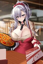  apron azur_lane beige_shirt belfast_(azur_lane) belfast_(piping-hot_perfection)_(azur_lane) blurry blurry_background braid breasts chains cleavage commentary depth_of_field female food french_braid grey_hair highres holding holding_food holding_pizza huge_breasts low_neckline manjuu_(azur_lane) official_alternate_costume pizza purple_eyes red_apron red_scrunchie scrunchie short_sleeves smile upper_body yan_lie 