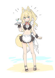  animal_ear_fluff animal_ears apron blonde_hair blush bow commentary_request crop_top cup drinking_glass female fox_ears fox_girl fox_tail full_body fuwafuwa-chan_(kamiyoshi_rika) highres holding holding_tray kamiyoshi_rika long_hair looking_at_viewer maid maid_apron maid_headdress midriff navel open_mouth original ponytail red_bow smile solo standing tail tray wavy_hair white_background white_bow wrist_cuffs 