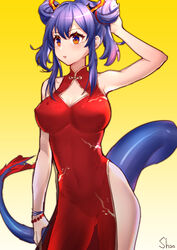  absurdres arknights arm_up artist_name ass_visible_through_thighs bad_id bad_pixiv_id blue_hair bracelet breasts ch&#039;en_(ageless_afterglow)_(arknights) ch&#039;en_(arknights) china_dress chinese_clothes cleavage cleavage_cutout clothing_cutout commentary contrapposto covered_navel covered_nipples double_bun dragon_horns dragon_tail dress female gradient_background hair_bun hand_in_own_hair highres horns jewelry large_breasts lips medium_hair official_alternate_costume orange_eyes parted_lips red_dress see-through shao_(shaorouhong) side_slit simple_background sleeveless sleeveless_dress solo standing tail thighs yellow_background 