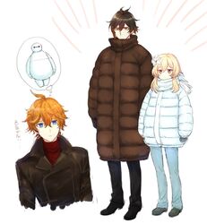  2boys alternate_costume baymax big_hero_6 black_coat black_hair blonde_hair blue_eyes brown_coat brown_hair coat female flower full_body genshin_impact gradient_hair hair_between_eyes hair_flower hair_ornament long_sleeves lumine_(genshin_impact) multicolored_hair multiple_boys orange_hair pants protected_link red_sweater sbs scarf short_hair_with_long_locks simple_background standing sweater tartaglia_(genshin_impact) translated white_background white_coat white_scarf zhongli_(genshin_impact) 