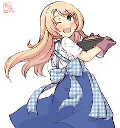  ;d alternate_costume apron artist_logo blonde_hair blue_apron blue_eyes blue_skirt commentary_request dated dress employee_uniform female food from_behind gingham_apron highres jervis_(kancolle) kanon_(kurogane_knights) kantai_collection kobeya kobeya_uniform long_hair looking_at_viewer looking_back one_eye_closed open_mouth oven_mitts pie plaid plaid_apron sailor_dress simple_background skirt smile solo stargazy_pie uniform unmoving_pattern waitress white_background 