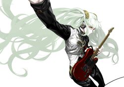  agitation_(module) alternate_costume black_legwear boots cable closed_mouth commentary_request cowboy_shot cropped_jacket electric_guitar eyelashes female fender_telecaster flat_chest floating_hair green_hair guitar hair_ornament hatsune_miku headphones heart highres holding holding_instrument instrument jacket long_hair long_sleeves looking_away music nagimiso outstretched_arm pantyhose playing_instrument project_diva_(series) simple_background solo thigh_boots thigh_strap thighhighs thighhighs_over_pantyhose twintails unhappy_refrain_(vocaloid) very_long_hair vocaloid white_background yellow_eyes zipper 