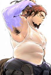  1boy absurdres armpit_hair armpits bags_under_eyes bara boogeyman_(housamo) brown_hair colored_skin commentary facial_hair goatee highres isuke long_sideburns male_focus mature_male multicolored_hair muscular muscular_male pectorals purple_skin red_eyes scar scar_on_face sideburns solo tokyo_afterschool_summoners 