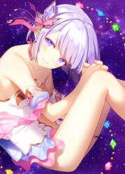  arm_garter bad_id bad_pixiv_id bare_shoulders blush breasts brooch chacha_rw choker closed_mouth clothing_cutout collarbone commentary cowboy_shot female floating gem glint hair_ornament hair_ribbon interlocked_fingers jewelry leotard light_purple_hair looking_at_viewer midriff navel navel_cutout own_hands_clasped own_hands_together pink_choker pink_ribbon purple_eyes ribbon shironeko_project short_hair sky small_breasts smile solo space star_(sky) starry_sky thigh_strap thighs tina_topia white_leotard 