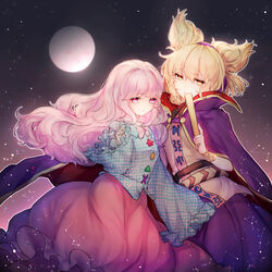  2girls aqua_shirt bad_id bad_pixiv_id blonde_hair bow bowtie bracelet bubble_skirt buttons cape circle commentary commentary_request earmuffs expressionless frilled_sleeves frills full_moon hair_ears hata_no_kokoro holding jewelry long_hair long_skirt long_sleeves looking_at_viewer moon multiple_girls night night_sky orange_skirt partial_commentary pink_bow pink_eyes pink_hair pink_skirt plaid plaid_shirt purple_cape ritual_baton shirt short_hair skirt sky smile star_(symbol) touhou toyosatomimi_no_miko triangle white_shirt wide_sleeves yellow_eyes yorica 