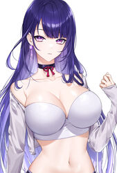  absurdres alternate_costume bandeau bare_shoulders black_choker bra breasts choker cleavage collarbone crop_top cropped_jacket earrings female genshin_impact glint hand_up highres jacket jewelry large_breasts long_hair long_sleeves looking_at_viewer midriff mole mole_under_eye navel off_shoulder open_clothes open_jacket parted_lips purple_eyes purple_hair raiden_shogun raku_(clearpage) simple_background skindentation sleeves_past_wrists solo stomach straight_hair strapless strapless_bra underwear upper_body very_long_hair white_background white_jacket 