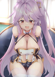  azur_lane between_legs breasts buttons choker cleavage cross cross_choker double-breasted female fingerless_gloves gloves grenville_(azur_lane) hand_between_legs highres large_breasts long_hair one_side_up purple_hair sitting solo thighhighs tonchinkan white_thighhighs 