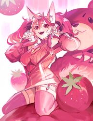  absurdres ahoge animal_ears breasts female fluffy food food-themed_hair_ornament fox_ears fox_girl fruit hair_between_eyes hair_ornament highres indie_virtual_youtuber kireina_(osiimi) kupikuuu large_breasts large_tail looking_at_viewer oerba_yun_fang open_mouth pink_eyes pink_hair pink_thighhighs second-party_source solo strawberry strawberry_hair_ornament stuffed_animal stuffed_toy tail teddy_bear thick_eyebrows thighhighs virtual_youtuber 