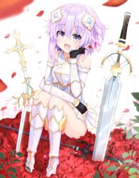  :d absurdres arm_on_knee armor armored_boots ass bare_shoulders black_gloves blush boots breastplate detached_sleeves female fingerless_gloves flower flower_bed four_goddesses_online:_cyber_dimension_neptune full_body giga-tera gloves hand_on_own_cheek hand_on_own_face happy head_rest headgear highres knee_boots knees_together_feet_apart knees_up looking_at_viewer medium_hair miniskirt multiple_swords multiple_weapons neptune_(neptunia) neptune_(series) oerba_yun_fang open_mouth planted planted_sword pleated_skirt polearm purple_eyes purple_hair red_flower rose sitting skirt smile solo spear staff sword thighs upskirt weapon white_footwear white_legwear white_skirt 