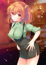  ahoge alternate_costume blush breasts collared_shirt fate/grand_order fate_(series) female fujimaru_ritsuka_(female) green_shirt green_skirt hair_ornament hair_scrunchie hands_on_own_hips large_breasts looking_at_viewer one_side_up open_mouth orange_eyes orange_hair orange_scrunchie pencil_skirt scrunchie shirt short_hair short_sleeves skirt solo suspender_skirt suspenders tanabe thighs 