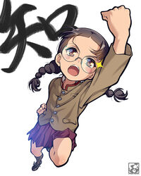  bad_id bad_pixiv_id black_hair braid brown_eyes brown_jacket chi-hatan_(emblem) chi-hatan_school_uniform commentary_request emblem female fukuda_haru girls_und_panzer girls_und_panzer_gekijouban glasses high_collar highres jacket long_hair long_sleeves open_mouth pairan pleated_skirt punching round_eyewear school_uniform simple_background skirt solo twin_braids twintails white_background 