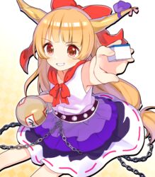  alcohol bow buttons caracorn chains hairbow highres holding holding_mahjong_tile horn_ornament horn_ribbon horns ibuki_suika long_hair mahjong mahjong_tile multicolored_clothes ofuda oni orange_hair purple_skirt red_bow ribbon shirt skirt sleeveless sleeveless_shirt touhou touhou_unreal_mahjong very_long_hair white_shirt 