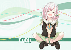  absurdres bad_id bad_pixiv_id black_footwear boots bow bra_strap braid character_name closed_eyes commentary_request female fingerless_gloves full_body gloves hairbow highres hilamaru indian_style open_mouth pleated_skirt sitting skirt smile solo stuffed_unicorn virtual_youtuber white_hair yuni_(yuni_channel) yuni_channel 