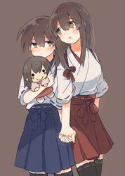  2girls akagi_(kancolle) akagi_kai_ni_(kancolle) black_thighhighs blue_hakama brown_background brown_eyes brown_hair character_doll commentary cowboy_shot hakama hakama_short_skirt hakama_skirt holding_hands ina_(1813576) japanese_clothes kaga_(kancolle) kaga_kai_ni_(kancolle) kantai_collection long_hair multiple_girls muneate red_hakama simple_background skirt straight_hair tasuki thighhighs 