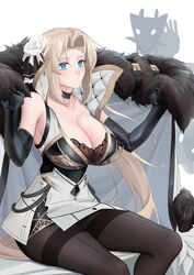  azur_lane black_bra black_choker black_gloves black_pantyhose blonde_hair blue_eyes bra breasts choker cleavage closed_mouth coat coat_dress collarbone dress elbow_gloves feet_out_of_frame female flower from_side fur-trimmed_coat fur_trim gloves hair_flower hair_ornament hair_ribbon kronshtadt_(azur_lane) large_breasts leather leather_gloves light_blush long_hair looking_at_viewer n.e_(sakura-233) nose pantyhose ribbon simple_background sitting solo underwear unworn_coat white_background white_coat white_dress 