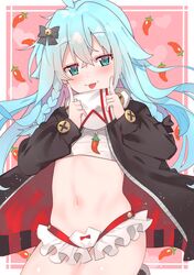  absurdres bell black_bow blue_eyes blue_hair bow closed_mouth commentary_request female hair_bell hair_ornament hairbow highres index_fingers_raised indie_virtual_youtuber kagura_nana long_hair long_sleeves looking_at_viewer navel solo tonarikeru tongue tongue_out very_long_hair virtual_youtuber 